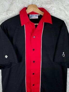 Cruisin USA Men's Bowling Shirt Black Red Retro Rockabilly Camp Collar Small